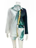 Women's Long Sleeve Printed Shirt Shorts Printed Two Piece Set