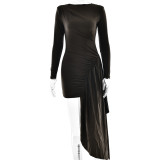 Elegant Round Neck Long Sleeve Pleated Ribbon Bodycon Dress