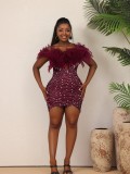 High Street Feathered Beaded Strapless Tight Fit See Through Plus Size Club Dress