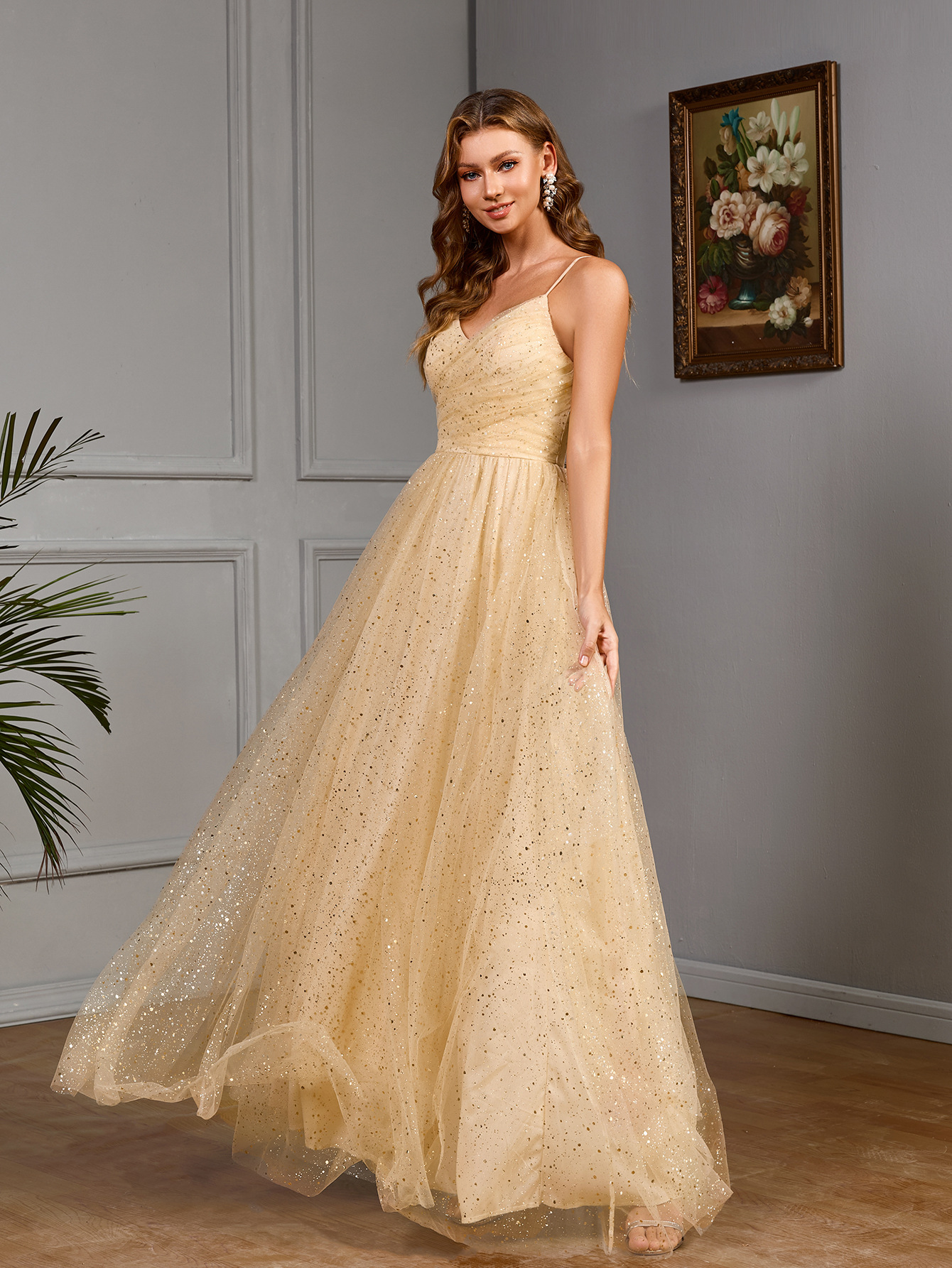 Women's Strap V Neck Slim Sequin Long Dress Elegant Evening Gown