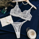 Sexy Lace Mesh Thin Summer Steel Ring Bra Thong Two Piece Lingerie Set