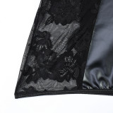 Leather Lace See Through Sexy Ruffled Lingerie Two Piece Set