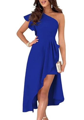 Solid Color Slash Shoulder Slim Fit Maxi Dress Asymmetrical Evening Gown