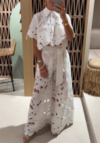 Summer Solid Color Sexy Hollow Knit Shirt and Wide-Leg Pant Set for Women