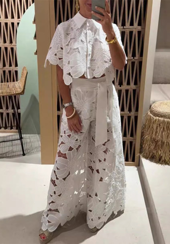 Summer Solid Color Sexy Hollow Knit Shirt and Wide-Leg Pant Set for Women