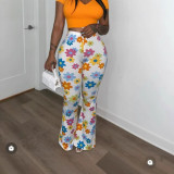Flower print tight fitting bell bottom pants