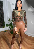 Women's round neck long sleeve sexy leopard print Top high waist slim leather pants Two Piece Set