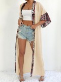 Women's sun protection cardigan women's contrast color patchwork long jacket beach bikini outerwear blouse
