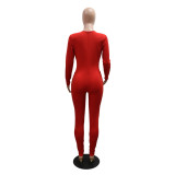 Sexy solid color long sleeves V-neck beaded jumpsuit