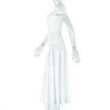 Elegant women's solid color pleated A-line V-neck short-sleeved low back long dress formal party dress