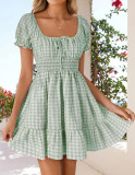 Plaid Square Neck Short Sleeves A-Line Dress