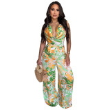 Fashionable women's sleeveless print wide leg jumpsuit