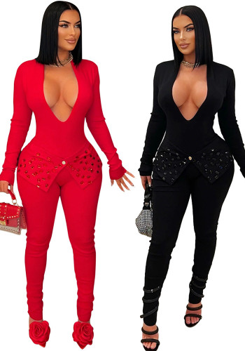 Sexy solid color long sleeves V-neck beaded jumpsuit