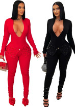 Sexy solid color long sleeves V-neck beaded jumpsuit Sexy solid color long sleeves V-neck beaded jumpsuit