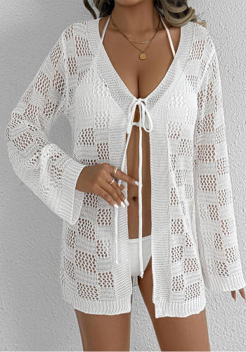 Women's cardigan women's knitting shirt hollow long-sleeved sun protection bikini blouse lace-up beach cover up