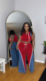 Women's denim patchwork sleeveless V-neck top wide-leg trousers two-piece set