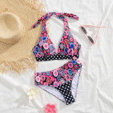 Printed sexy halter neck low back bikini two pieces women's high waist swimsuit