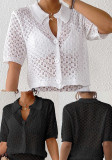 women's sexy knitting hollow deep V three-button cardigan turndown collar short-sleeved blouse