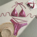 Shiny sexy leopard print drawstring two pieces swimsuit