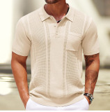 Men’s Polo Shirt Summer Solid Color Short-Sleeve Ribbed Knit Pullover Top