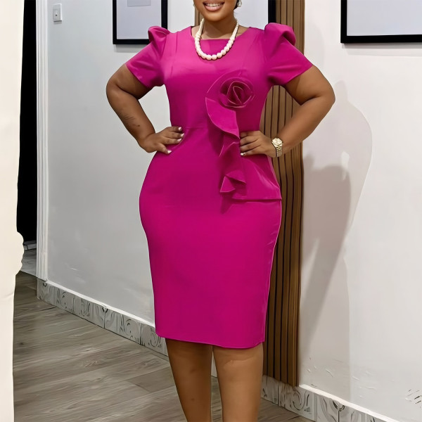 Women's fashion elegant bodycon ruffle solid color short sleeve African dress