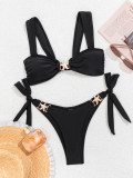 women solid color wide straps sexy bikini two pieces swimsuit