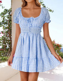 Plaid Square Neck Short Sleeves A-Line Dress