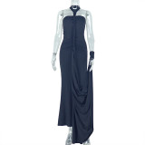 Solid color chic women's clothing low back strapless halter neck long dress formal party gown