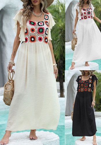 women's flowers patchwork bamboo ruffle long beach dress