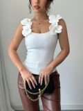 Fashionable Summer Knitted Flower Embellished Sleeveless Top