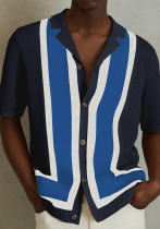 Men’s Striped Color Block Turn-Down Collar Short Sleeves Knitted Polo Shirt