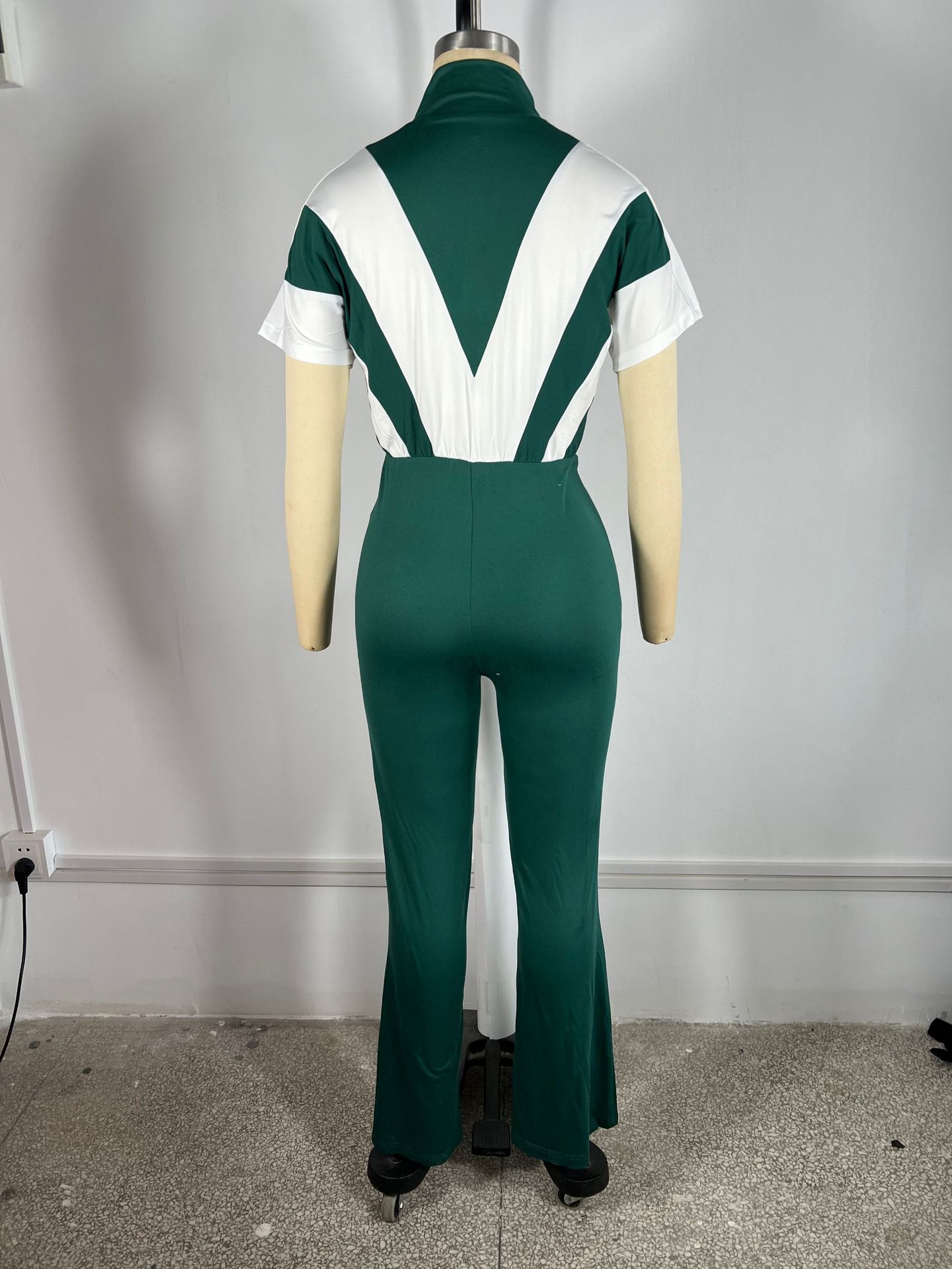 Women's turndown collar zipper patchwork bell bottom Jumpsuit