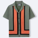 Men’s Striped Color Block Turn-Down Collar Short Sleeves Knitted Polo Shirt