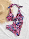 Printed sexy halter neck low back bikini two pieces women's high waist swimsuit