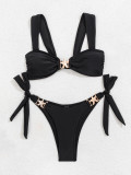 women solid color wide straps sexy bikini two pieces swimsuit