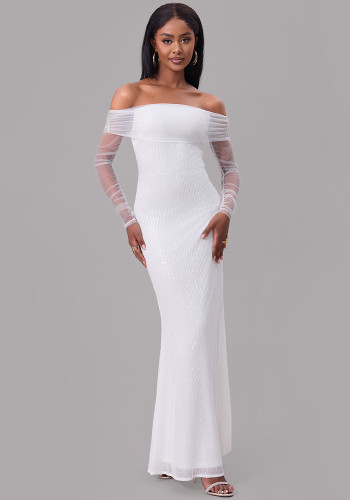 Spring women's chic sexy off shoulder mesh see-through long dress women wedding gown