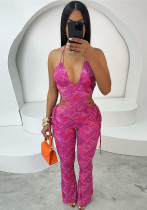 Spring Fashion Sexy Hollow Print Low Back Halter Neck Slim Fit Jumpsuit Spring Fashion Sexy Hollow Print Low Back Halter Neck Slim Fit Jumpsuit