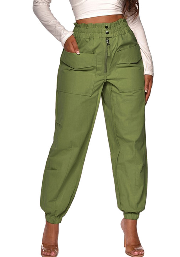 Pants fashion high waist button pocket design cuffed cargo pants women casual trousers