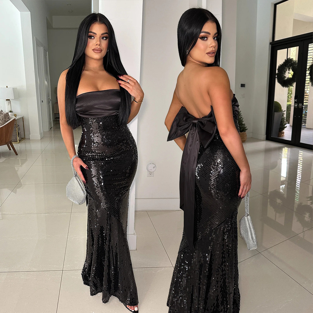 Women Sexy Strapless Satin Patchwork Sequin Fishtail Dress