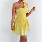 Summer One-Shoulder Sexy Solid Color Slim Waist A-Line Dress
