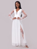 women's dress deep neck long sleeve wedding dress