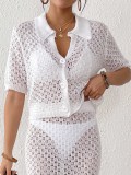 women's sexy knitting hollow deep V three-button cardigan turndown collar short-sleeved blouse