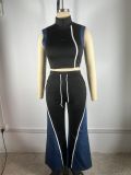 Women's denim patchwork sleeveless V-neck top wide-leg trousers two-piece set