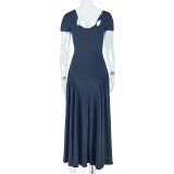 Elegant women's solid color pleated A-line V-neck short-sleeved low back long dress formal party dress