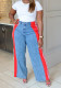 Summer fashion patchwork striped wide leg casual straight pants denim trousers