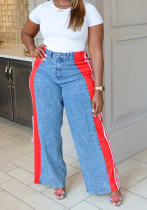 Summer fashion patchwork striped wide leg casual straight pants denim trousers Summer fashion patchwork striped wide leg casual straight pants denim trousers