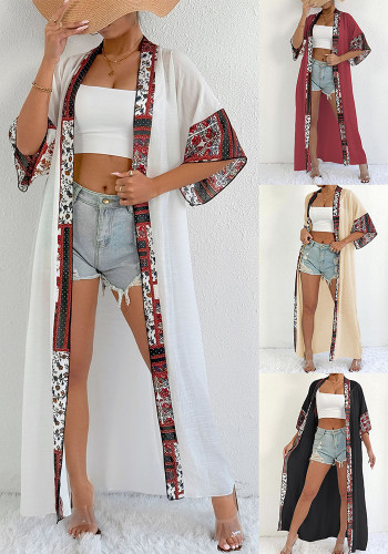 Women's sun protection cardigan women's contrast color patchwork long jacket beach bikini outerwear blouse