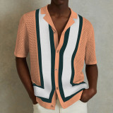 Men’s Striped Color Block Turn-Down Collar Short Sleeves Knitted Polo Shirt