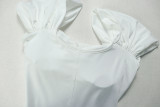 Elegant women's solid color pleated A-line V-neck short-sleeved low back long dress formal party dress