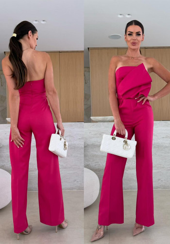 Solid Color Tight Fitting Strapless Low Back High Waist Wide Leg Jumpsuit